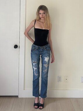 Y2K Stitch's Distressed Jeans (24) blue denim vintage womens ultra low rise cute